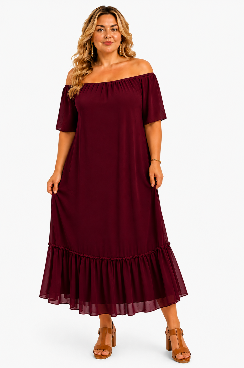 BÜYÜK BEDEN BORDO RENK LASTİKLİ ŞİFON ELBİSE