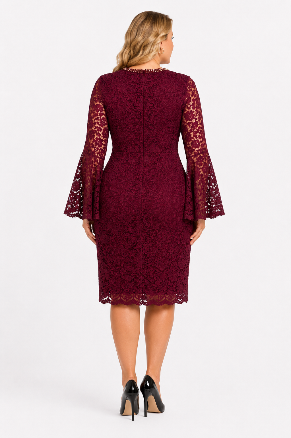 BÜYÜK BEDEN BORDO RENK DANTEL YAKA TAŞ ABİYE