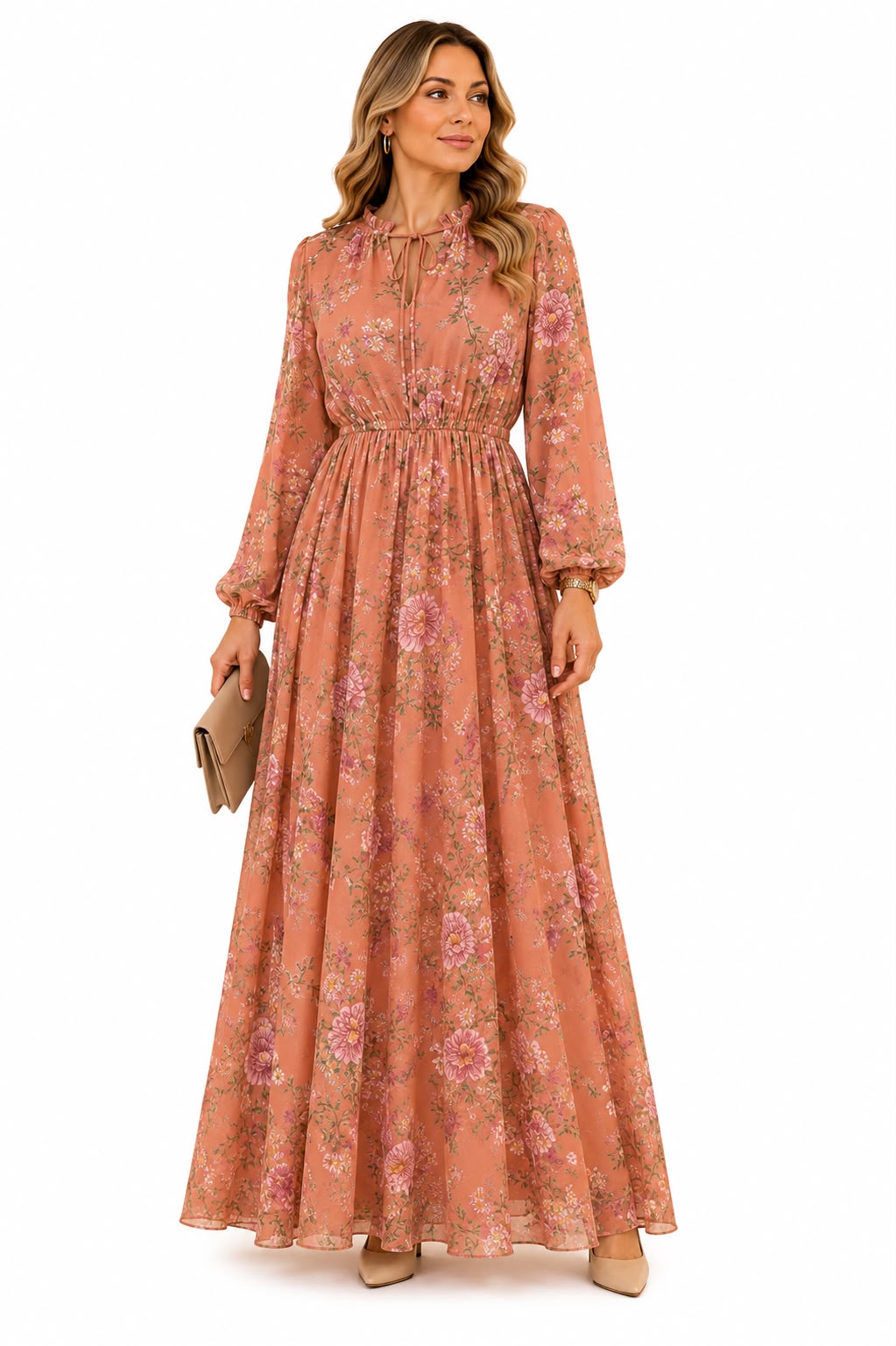 BÜYÜK BEDEN PEMBE ÇİÇEKLİ UZUN KOL ŞİFON ELBİSE