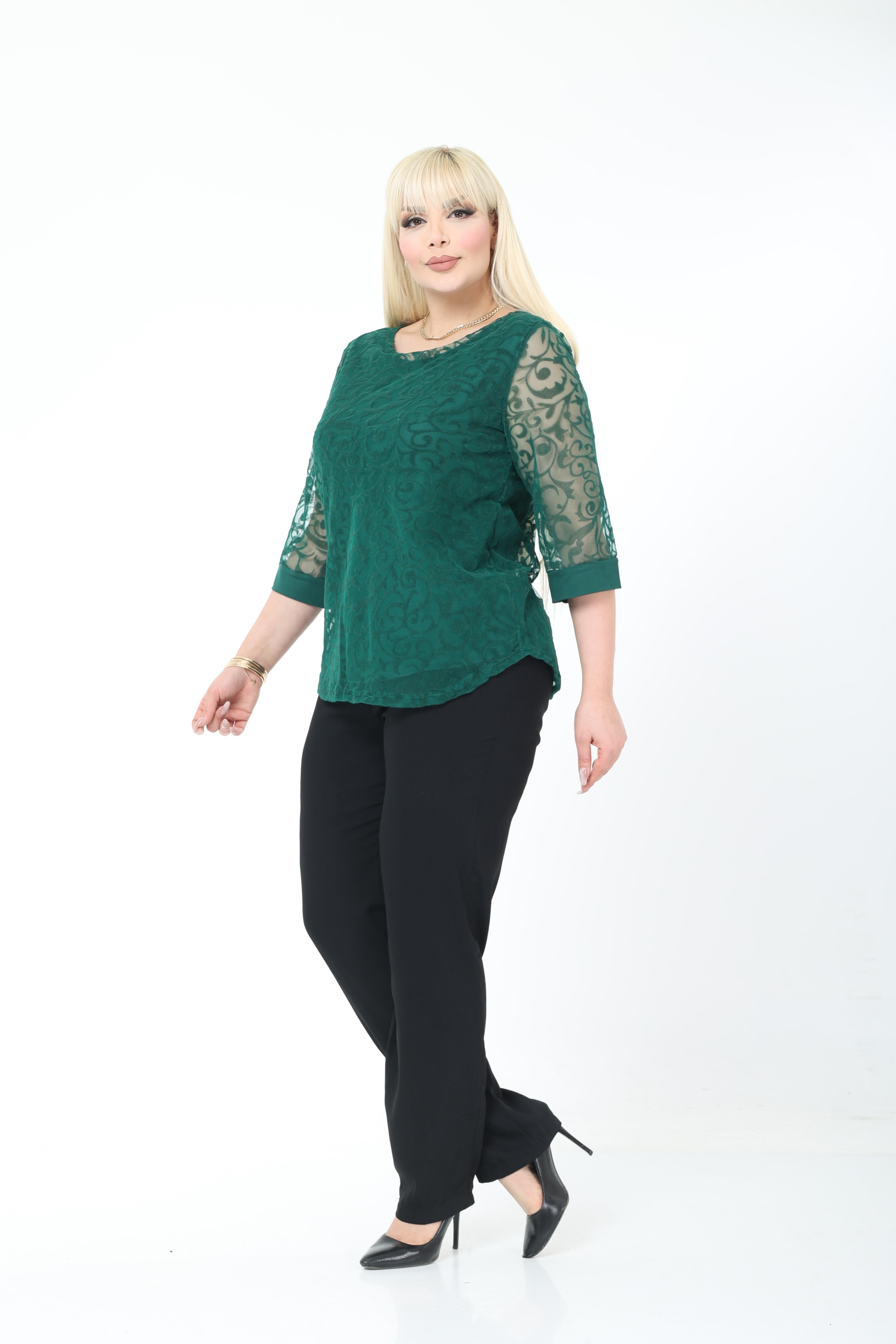 BÜYÜK BEDEN YEŞİL DANTELLİ BLUZ
